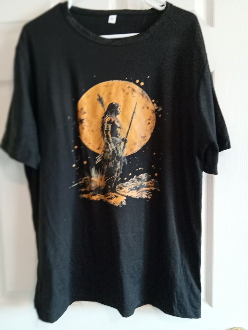 Black Graphic T‑Shirt with Warrior & And Orange Moon